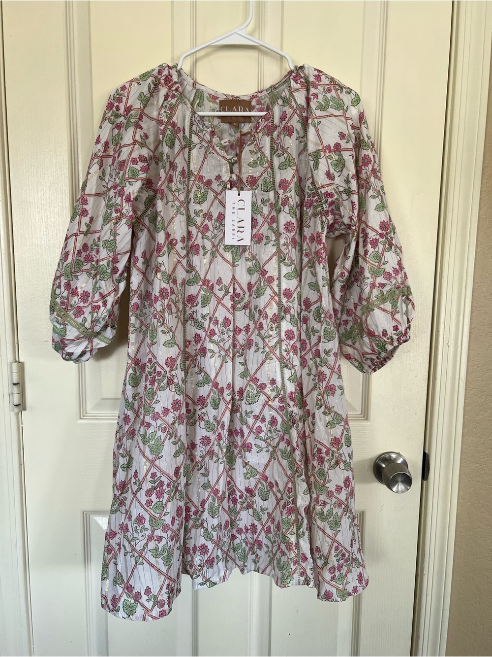 NWT Clara the Label Emberglow Indie Dress L Floral Cotton Gold Lurex